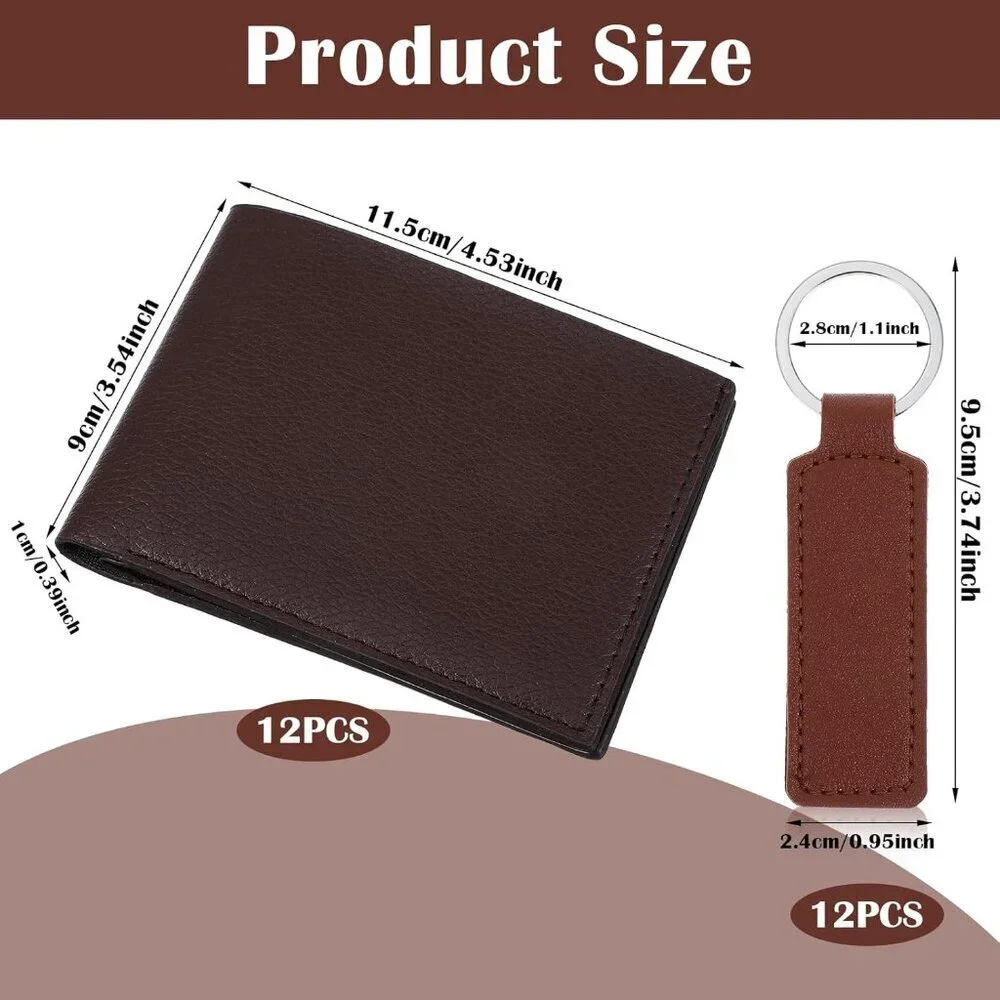 Men's Brown PU Leather Bifold 12 Pcs Wallets Matching 12 Pcs Keychains Design